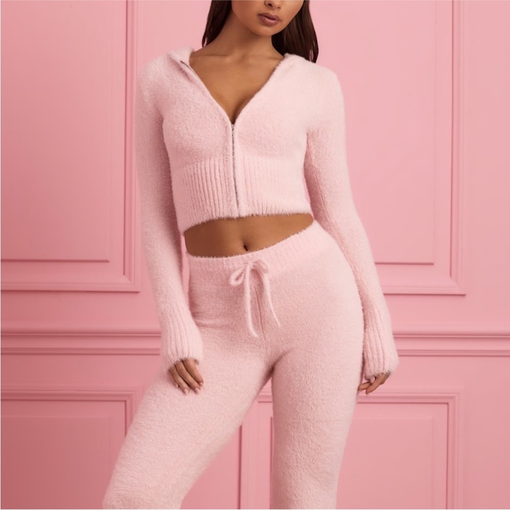 Cozy Pink Fuzzy Hoodie and Pants Set OHPOLLY